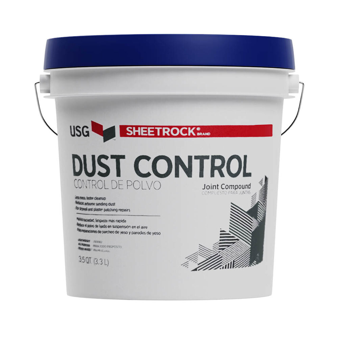 A 3.5 qt. white plastic bucket of Go Build Dust Control Lightweight Joint Compound—pre-mixed, blue lid, black handle—with red and black label graphics. Offers easy application and reduced airborne dust. Brand: The Fastest Way To Build.